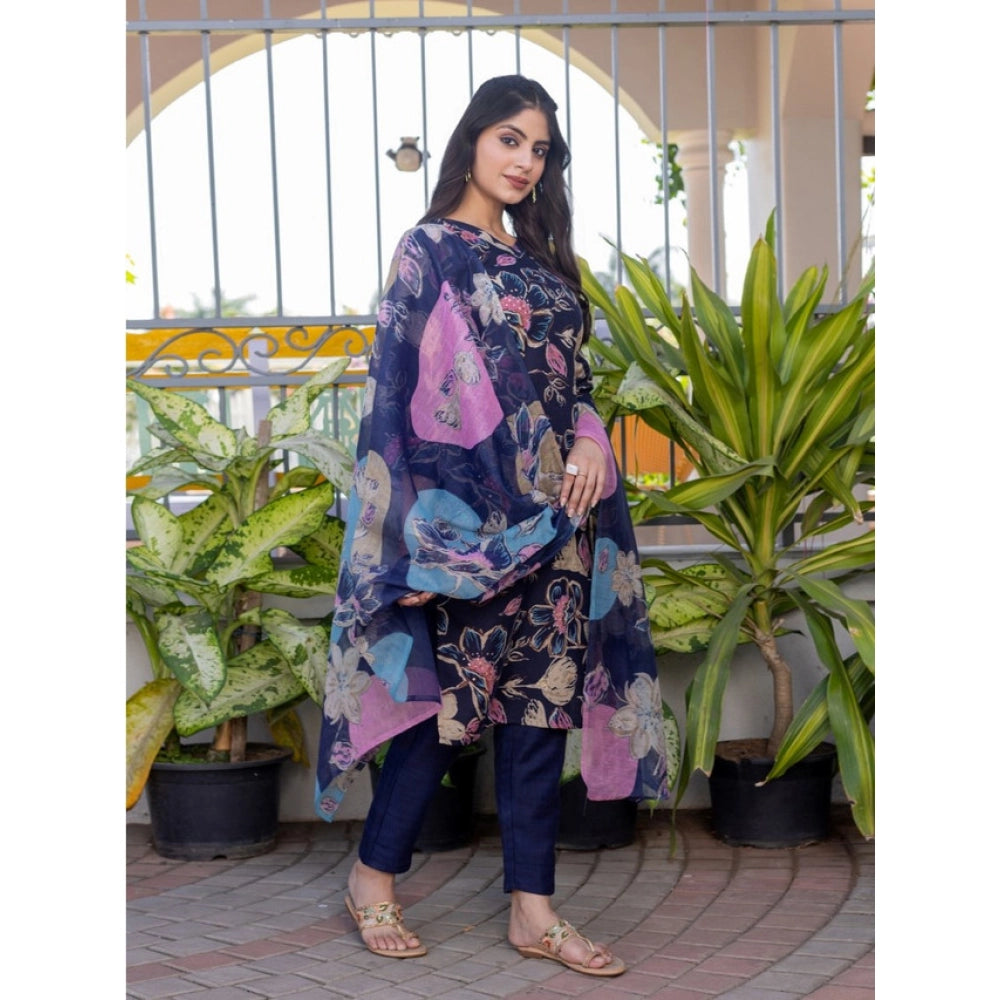 Women's Cotton Blend Printed Kurti With Pant Dupatta Set (navyblue) | Women Signature Collection