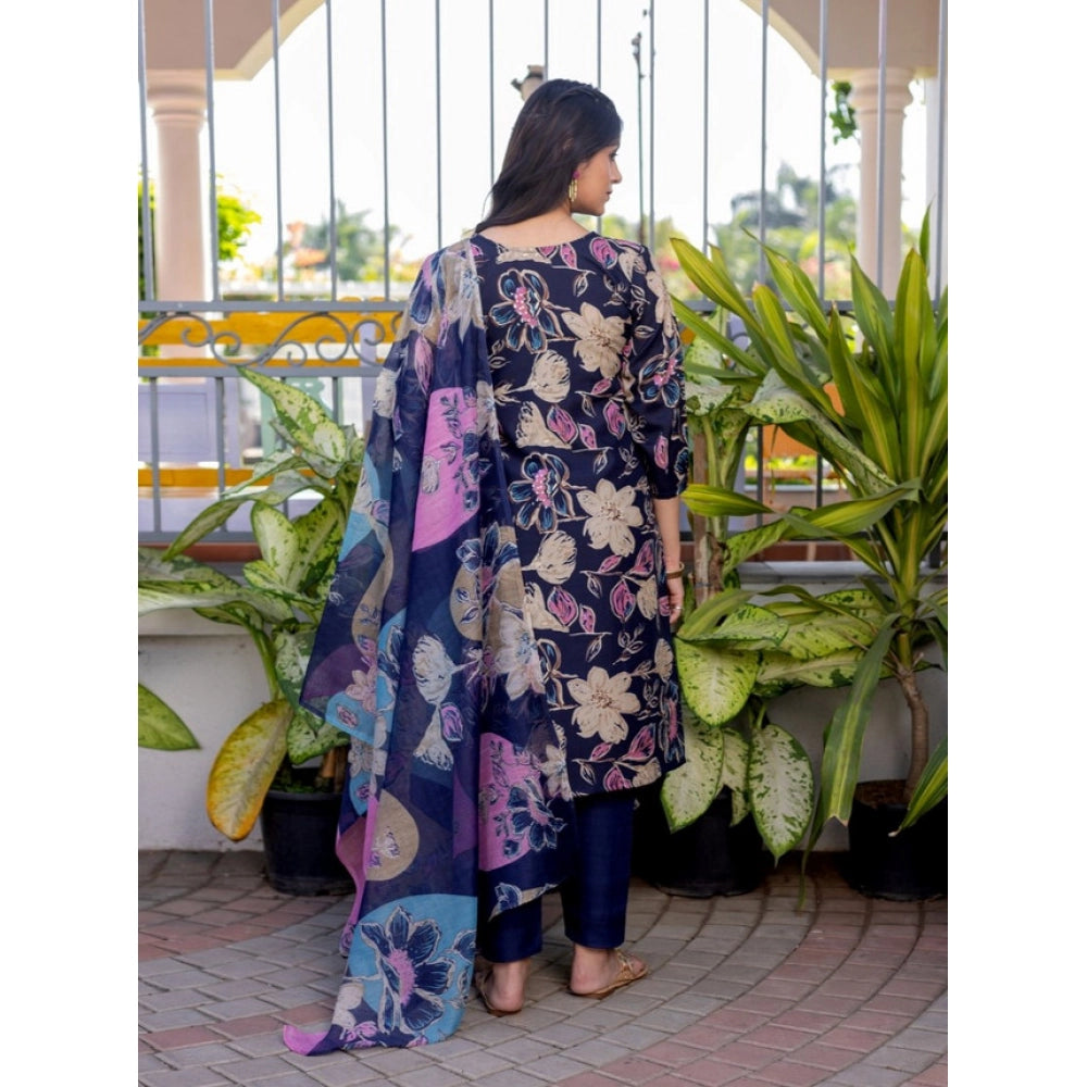 Women's Cotton Blend Printed Kurti With Pant Dupatta Set (navyblue) | Women Signature Collection