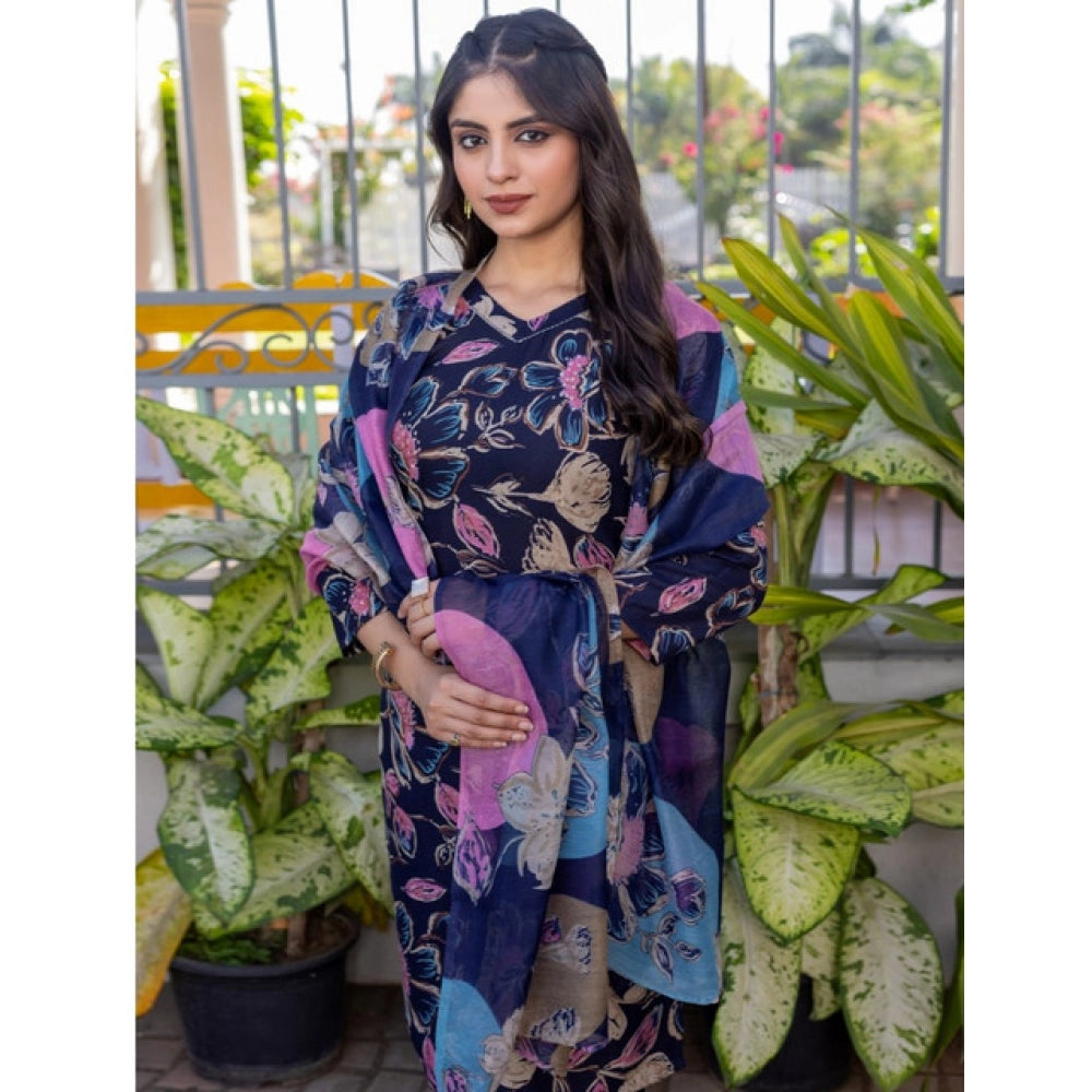 Women's Cotton Blend Printed Kurti With Pant Dupatta Set (navyblue) | Women Signature Collection