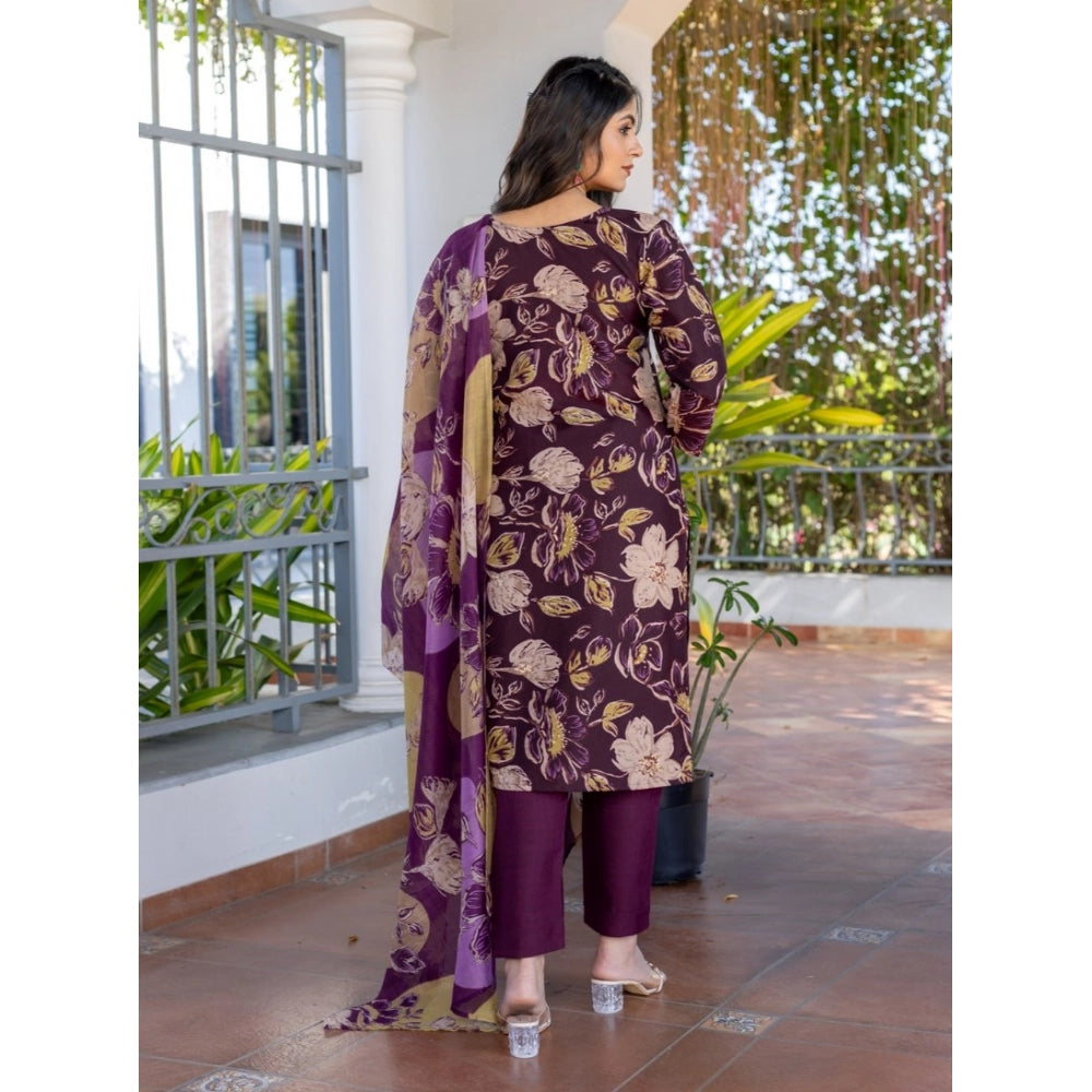 Women's Cotton Blend Printed Kurti With Pant Dupatta Set (purple) | Women Signature Collection