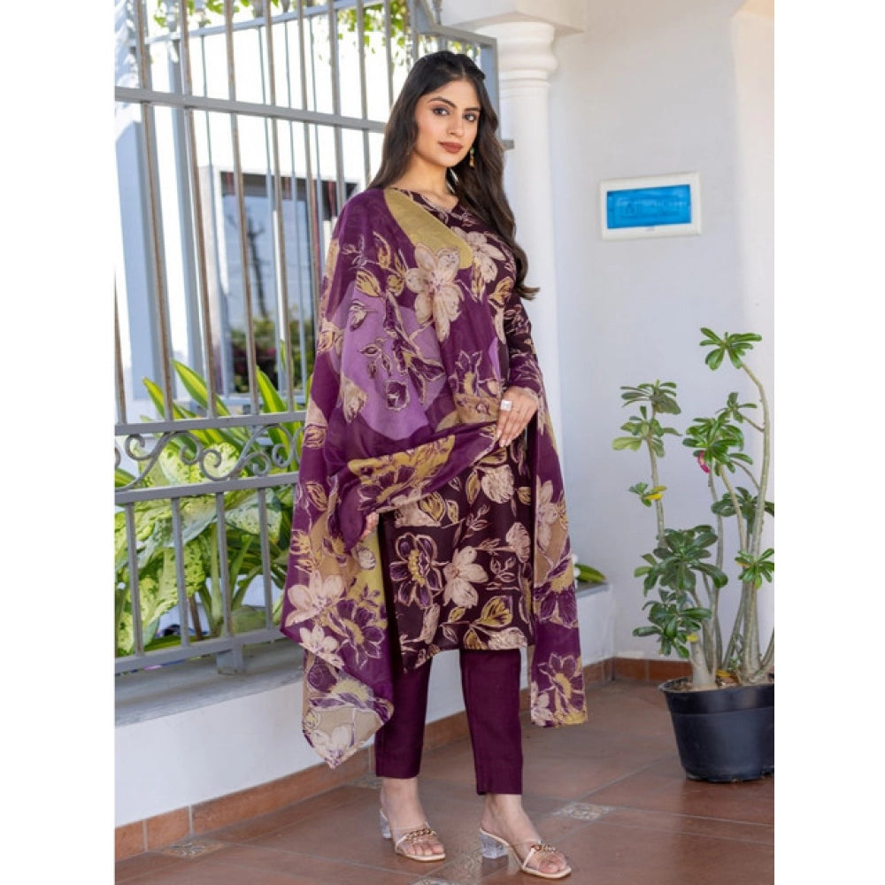 Women's Cotton Blend Printed Kurti With Pant Dupatta Set (purple) | Women Signature Collection