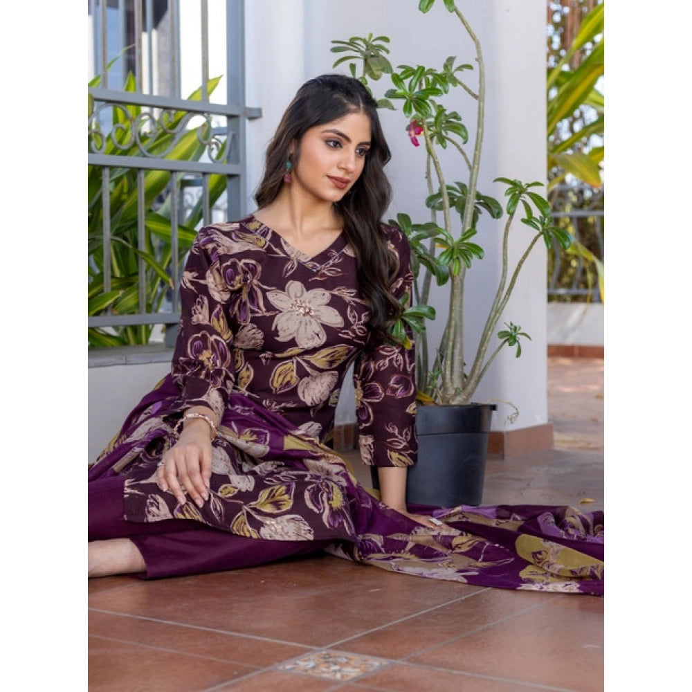 Women's Cotton Blend Printed Kurti With Pant Dupatta Set (purple) | Women Signature Collection