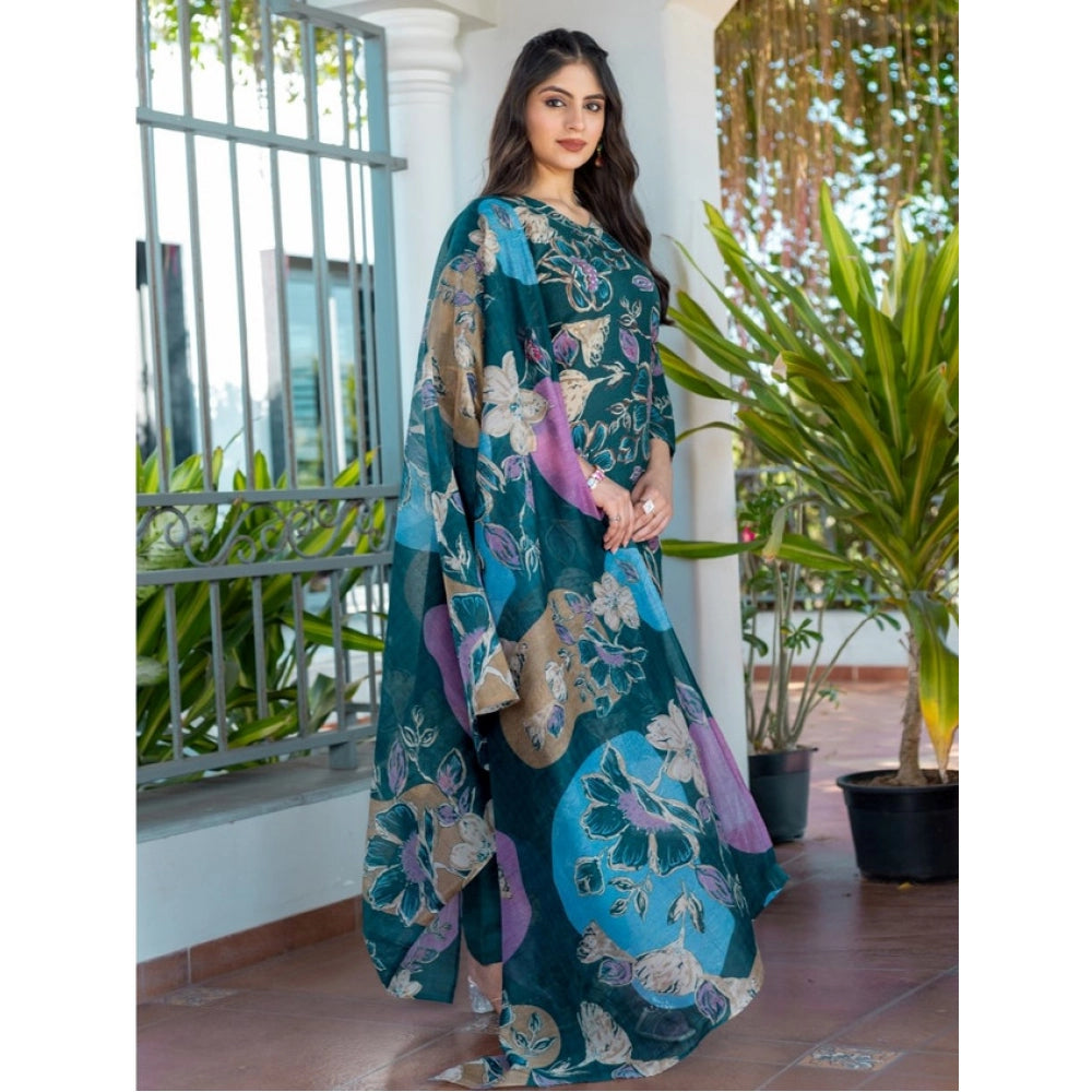Women's Cotton Blend Printed Kurti With Pant Dupatta Set (rama) | Women Signature Collection