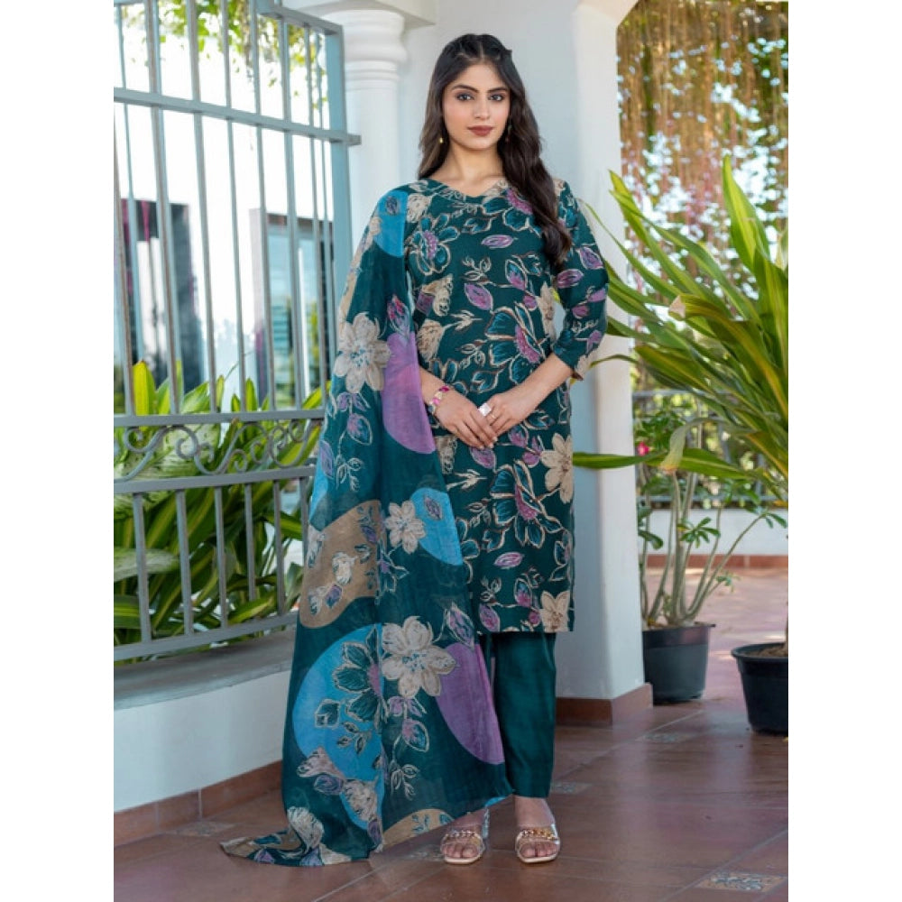 Women's Cotton Blend Printed Kurti With Pant Dupatta Set (rama) | Women Signature Collection