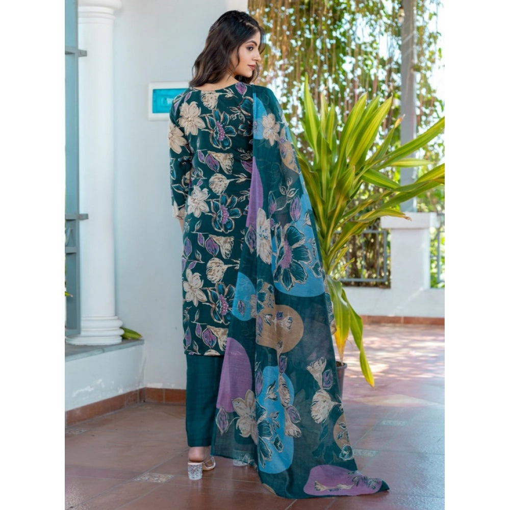Women's Cotton Blend Printed Kurti With Pant Dupatta Set (rama) | Women Signature Collection