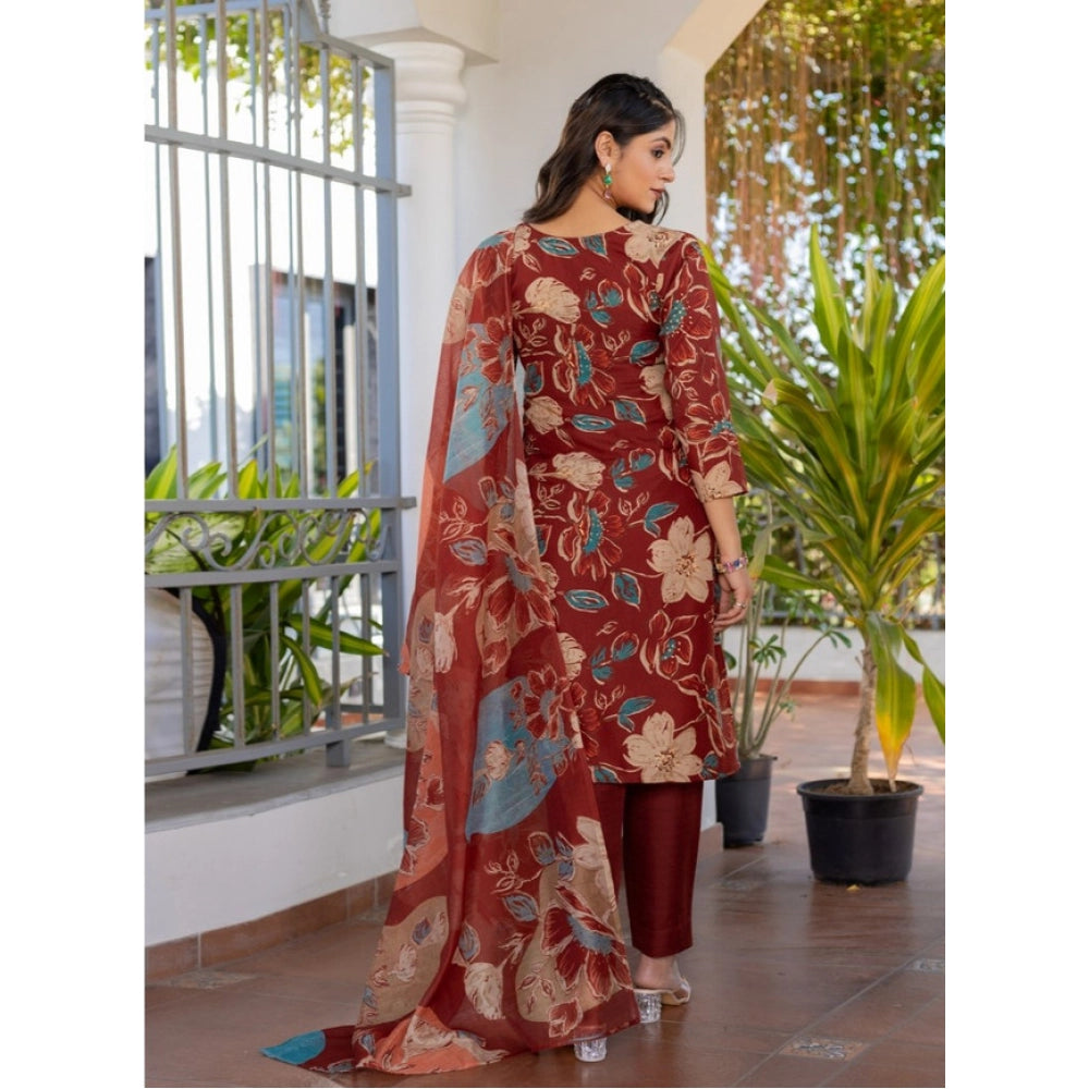 Women's Cotton Blend Printed Kurti With Pant Dupatta Set (rust) | Women Signature Collection
