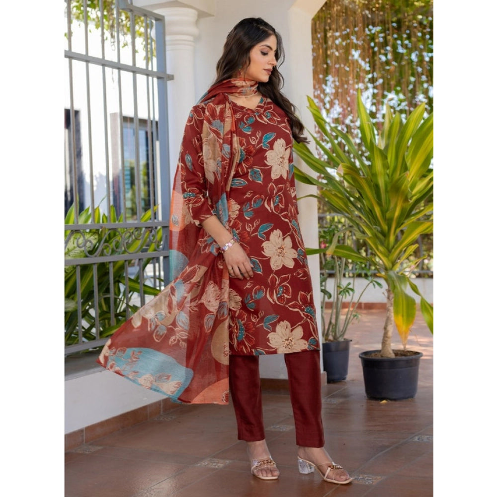 Women's Cotton Blend Printed Kurti With Pant Dupatta Set (rust) | Women Signature Collection
