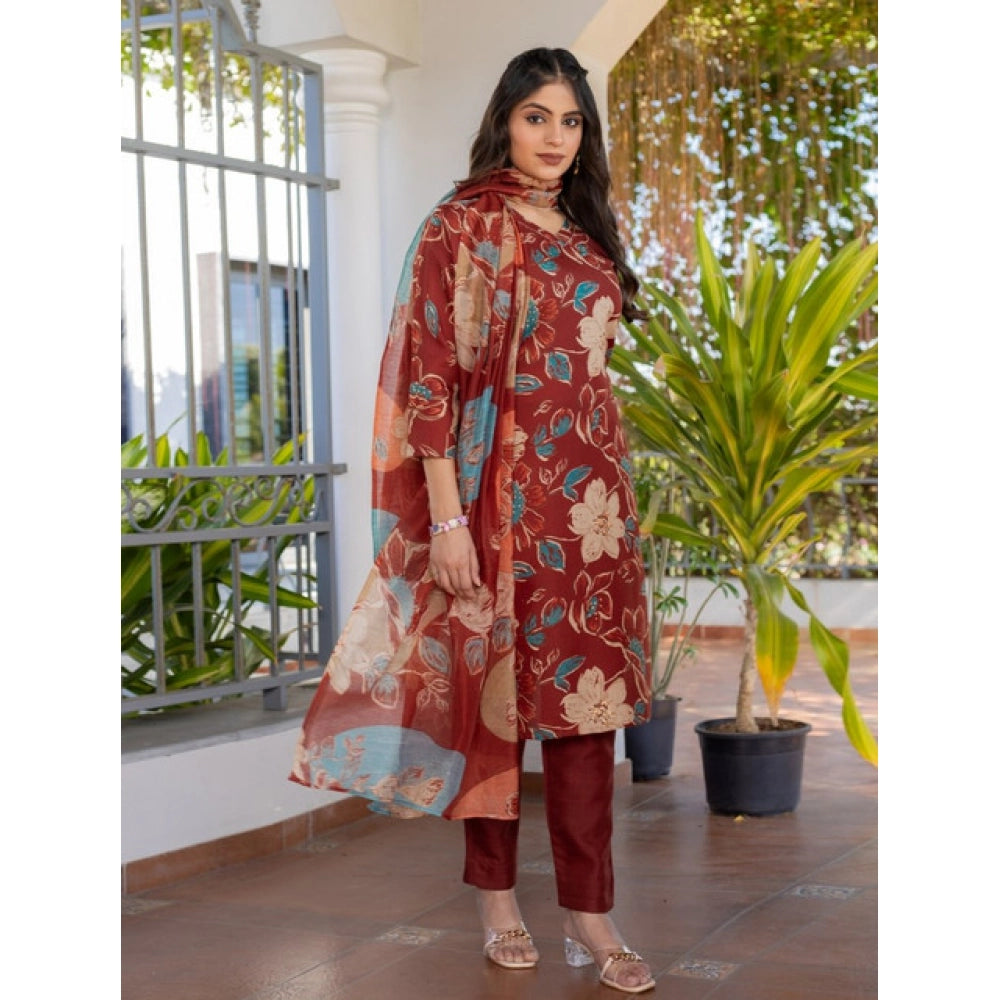 Women's Cotton Blend Printed Kurti With Pant Dupatta Set (rust) | Women Signature Collection