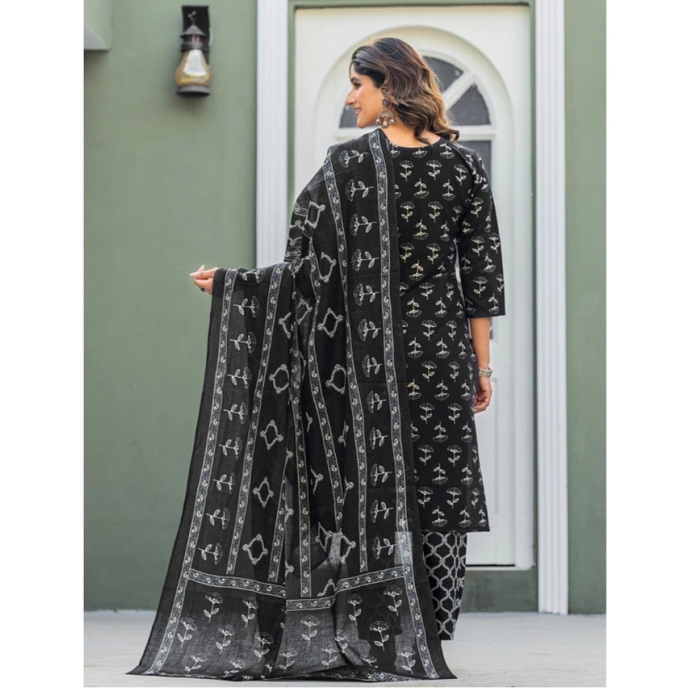 Women's Cotton Blend Printed Kurti With Pant Dupatta Set (black) | Women Signature Collection
