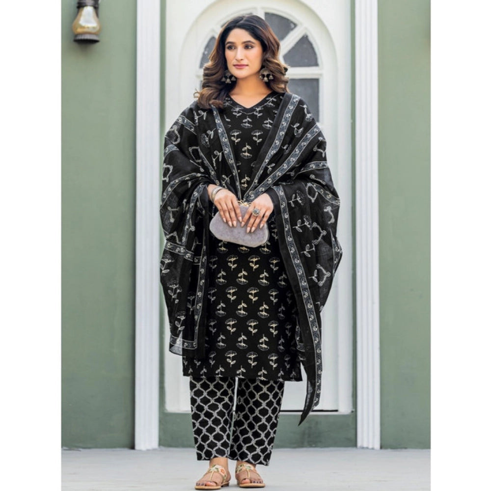 Women's Cotton Blend Printed Kurti With Pant Dupatta Set (black) | Women Signature Collection