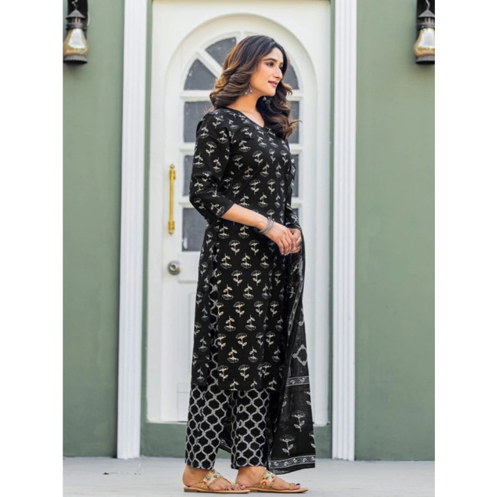 Women's Cotton Blend Printed Kurti With Pant Dupatta Set (black) | Women Signature Collection