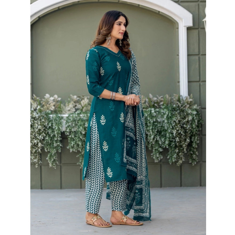 Women's Cotton Blend Printed Kurti With Pant Dupatta Set (morpichh) | Women Signature Collection