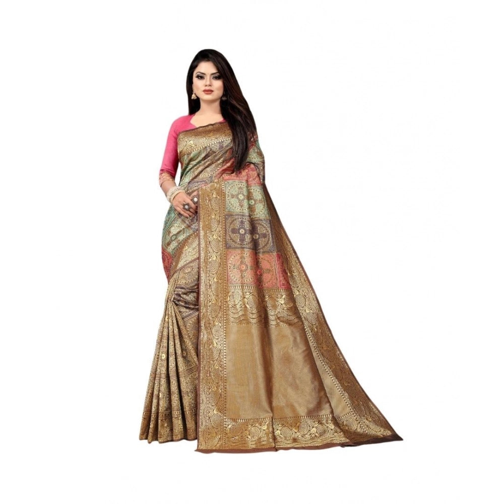 Women's Soft Lichi Silk Printed Saree With Unstitched Blouse 5.5mtr (gold) | Women Signature Collection