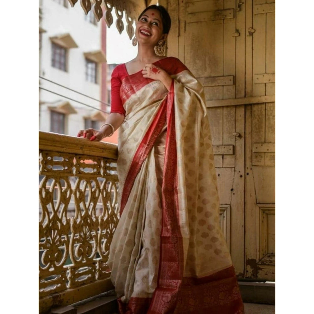 Women's Soft Lichi Silk Printed Saree With Unstitched Blouse 5.5mtr (white) | Women Signature Collection