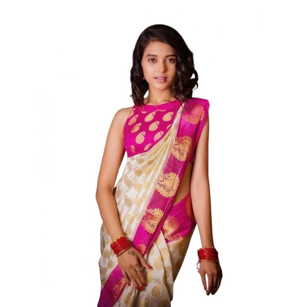 Women's Soft Lichi Silk Printed Saree With Unstitched Blouse 5.5mtr (white) | Women Signature Collection