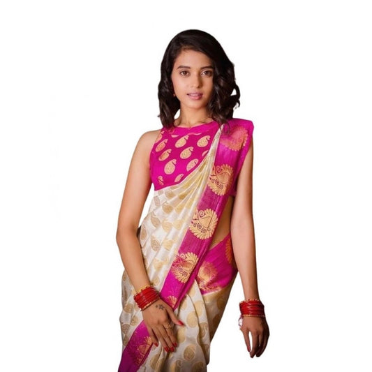 Women's Soft Lichi Silk Printed Saree With Unstitched Blouse 5.5mtr (white) | Women Signature Collection