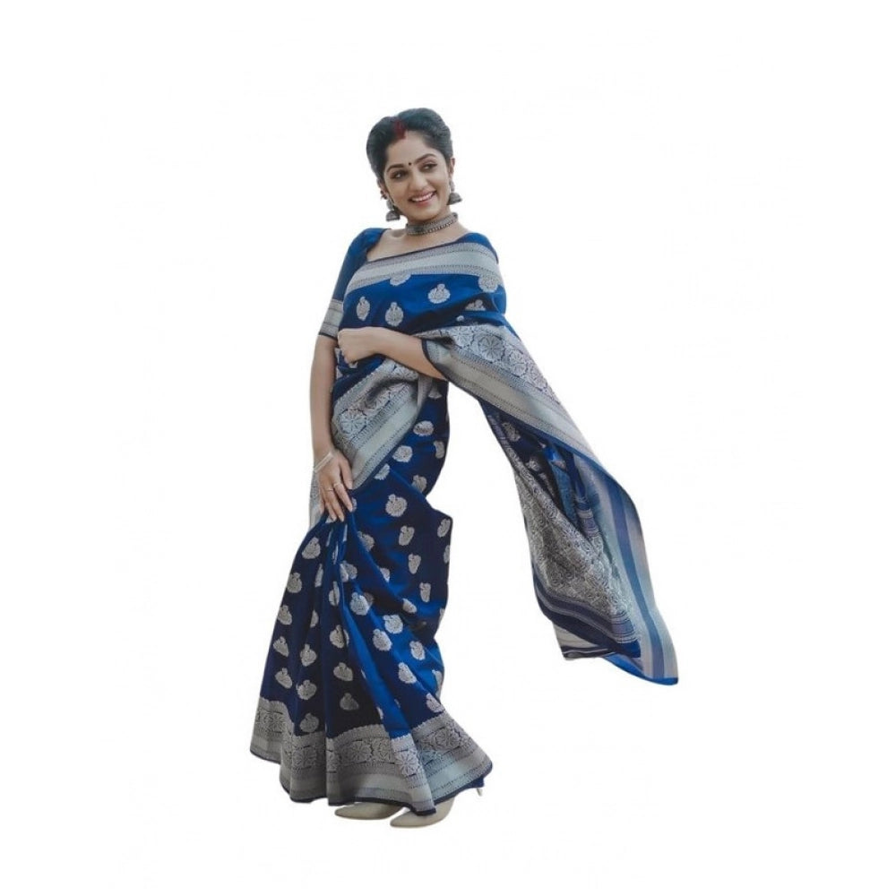 Women's Soft Lichi Silk Printed Saree With Unstitched Blouse 5.5mtr (blue) | Women Signature Collection