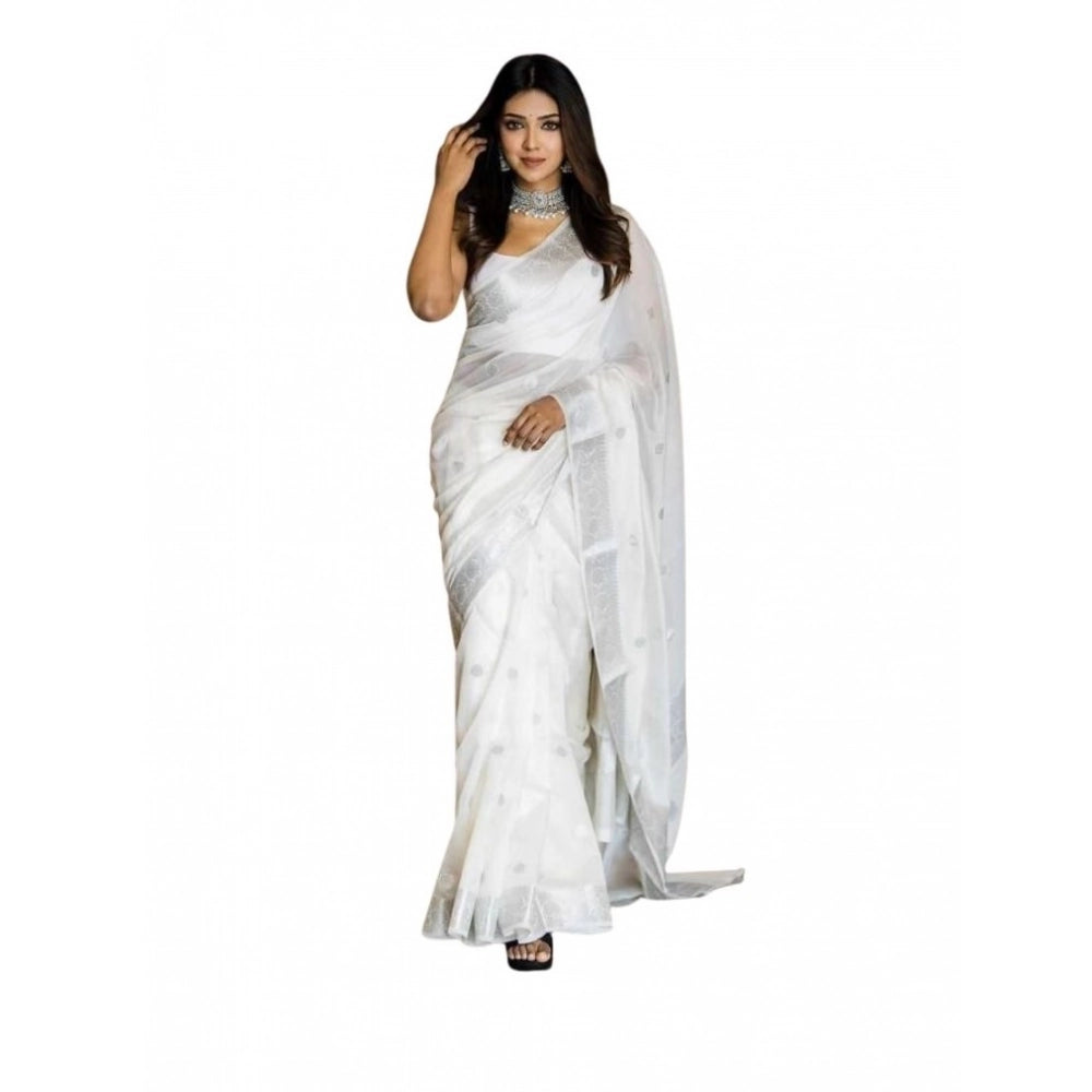 Women's Soft Lichi Silk Printed Saree With Unstitched Blouse 5.5mtr (white) | Women Signature Collection