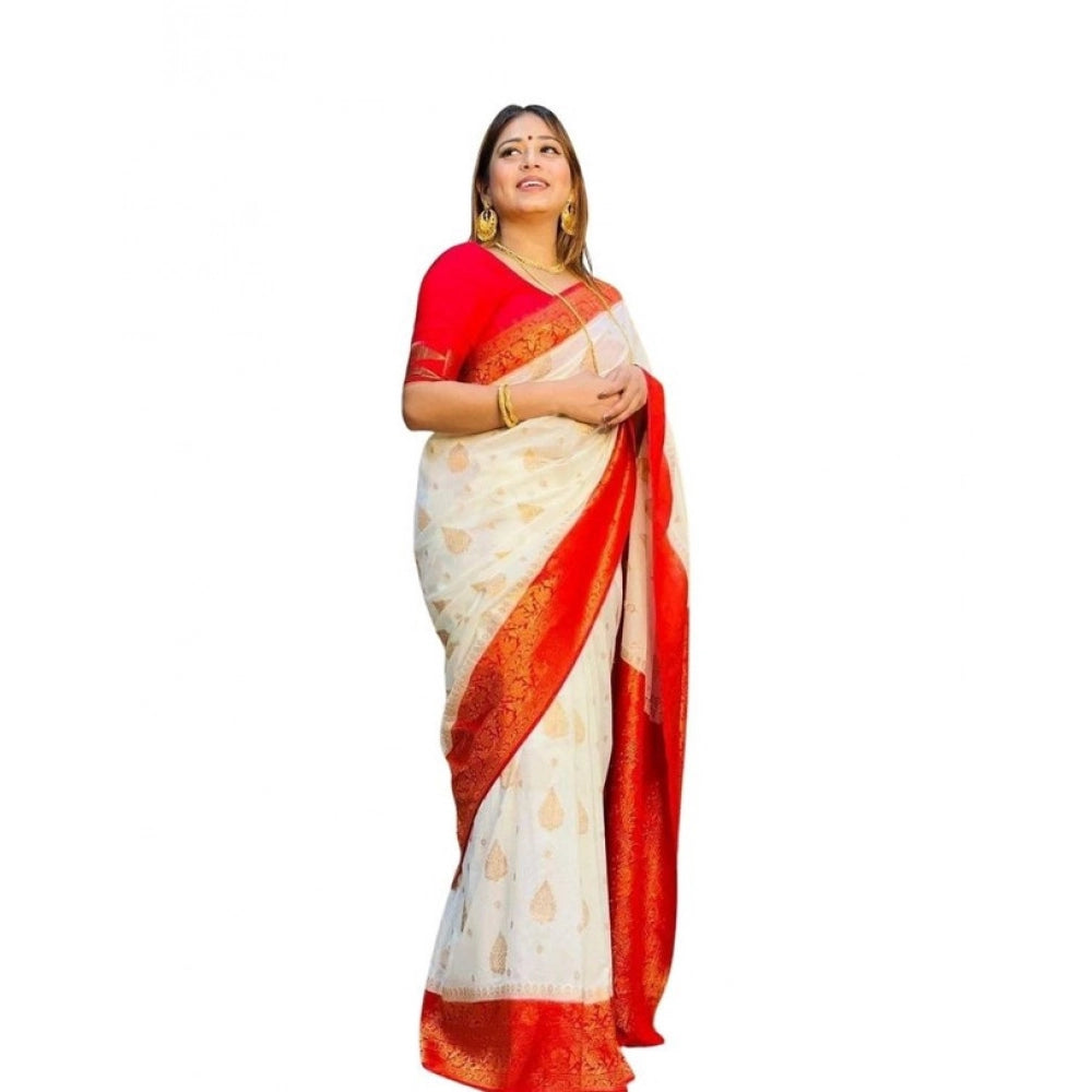 Women's Soft Lichi Silk Printed Saree With Unstitched Blouse 5.5mtr (white) | Women Signature Collection