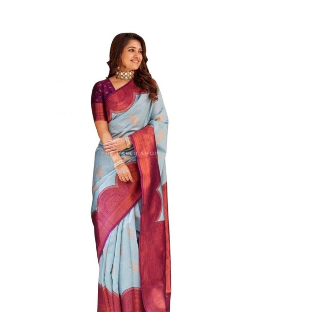 Women's Soft Lichi Silk Printed Saree With Unstitched Blouse 5.5mtr (light Blue) | Women Signature Collection