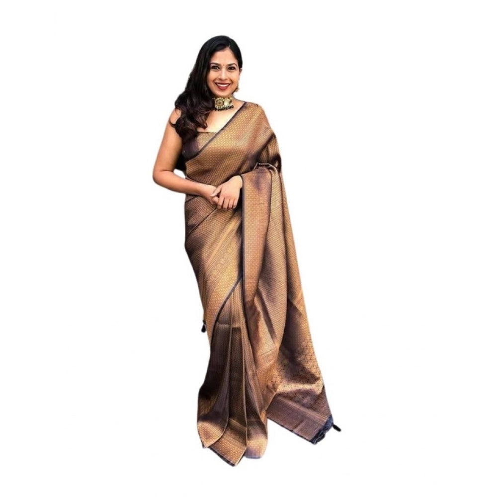 Women's Soft Lichi Silk Printed Saree With Unstitched Blouse 5.5mtr (black Gold) | Women Signature Collection