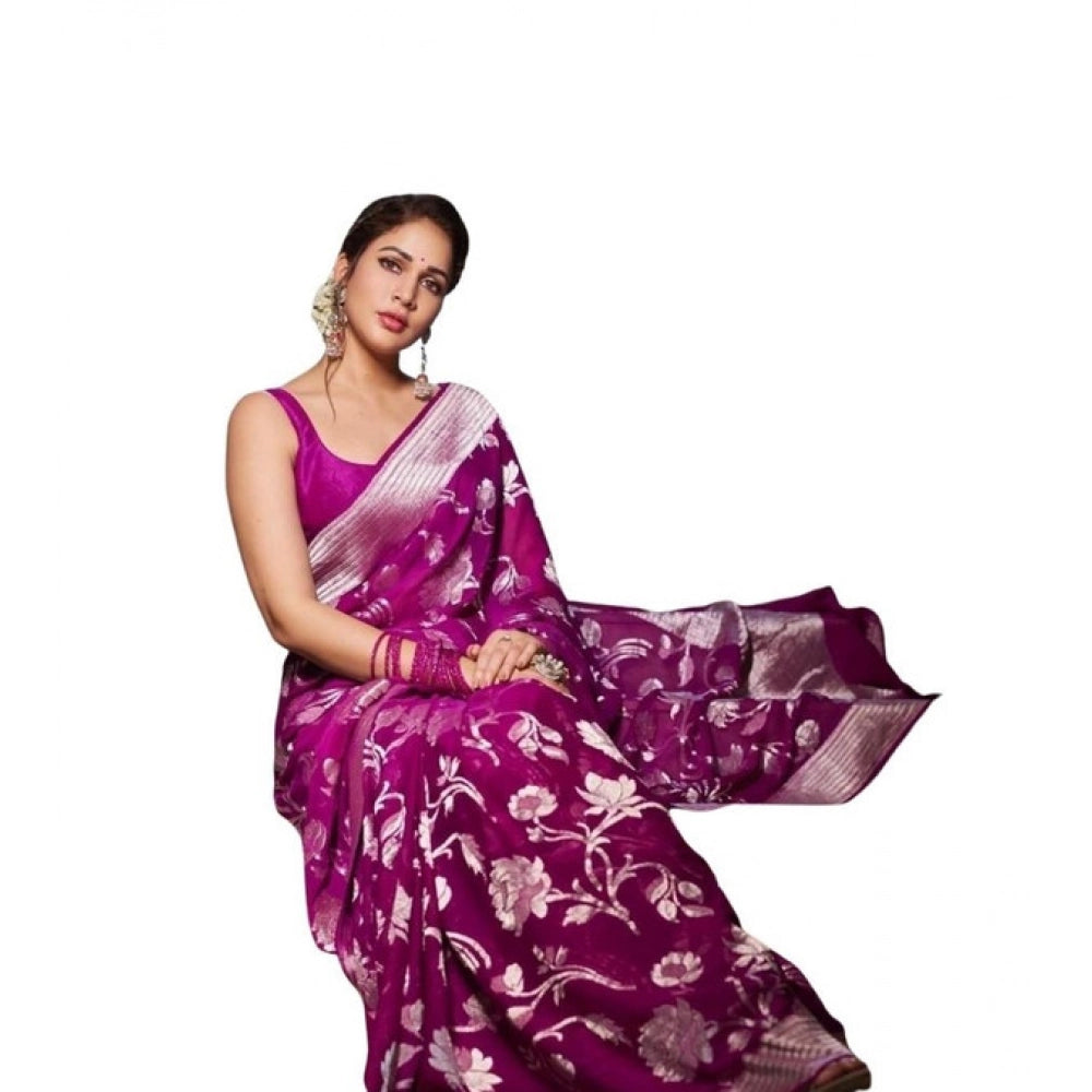 Women's Soft Lichi Silk Printed Saree With Unstitched Blouse 5.5mtr (purple) | Women Signature Collection