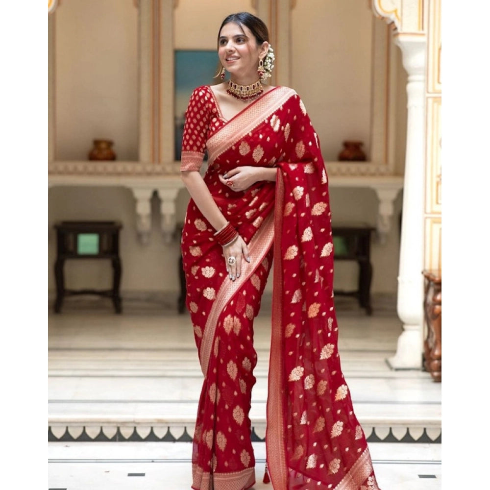 Women's Soft Lichi Silk Printed Saree With Unstitched Blouse 5.5mtr (red) | Women Signature Collection