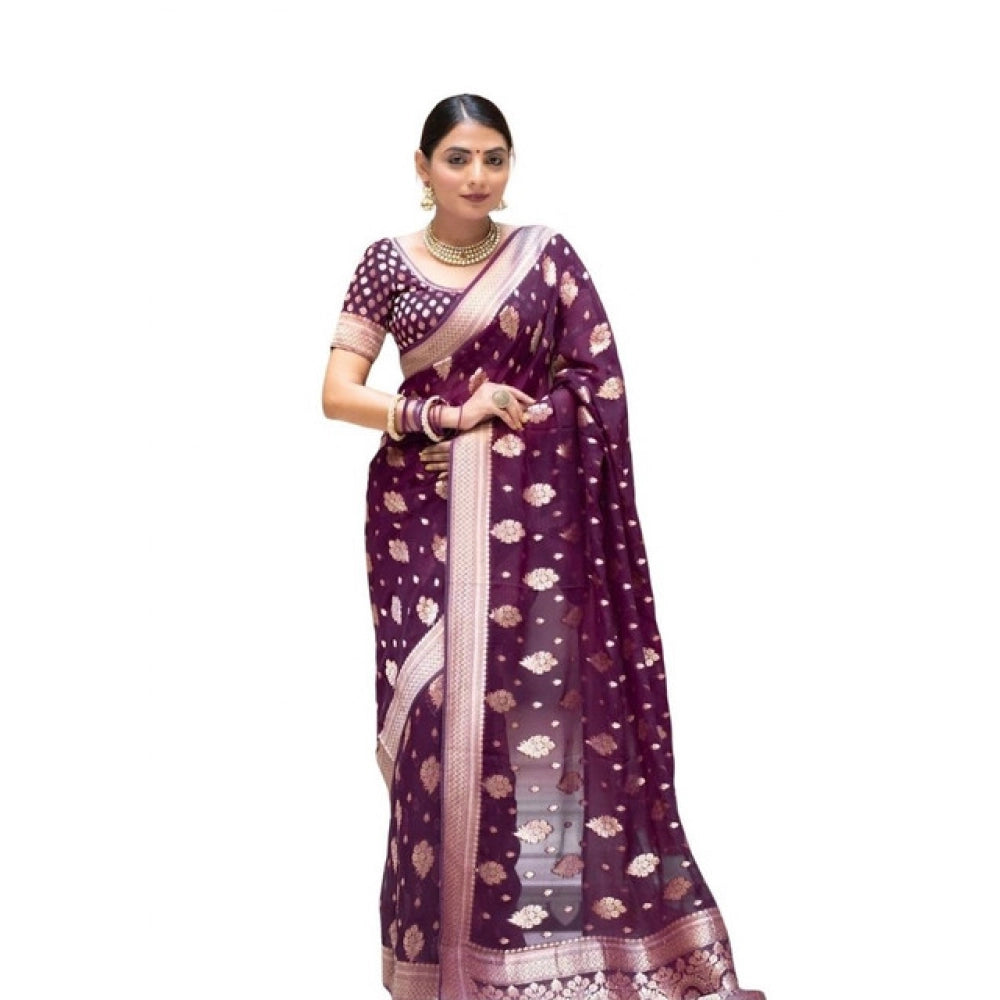 Women's Soft Lichi Silk Printed Saree With Unstitched Blouse 5.5mtr (purple) | Women Signature Collection