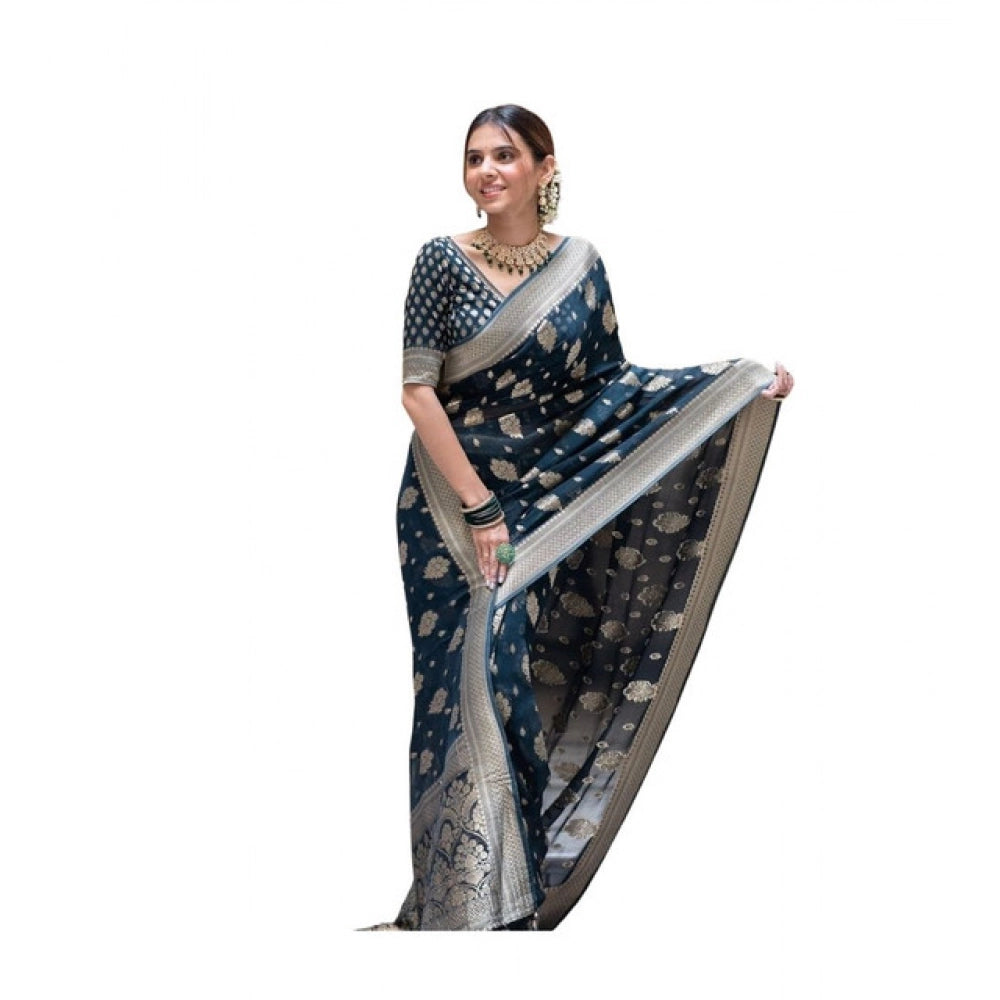 Women's Soft Lichi Silk Printed Saree With Unstitched Blouse 5.5mtr (blue) | Women Signature Collection