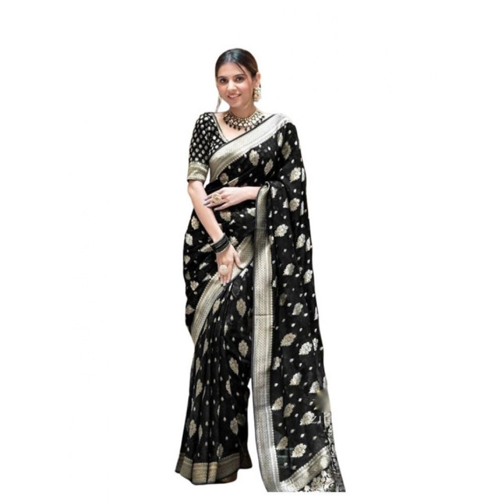 Women's Soft Lichi Silk Printed Saree With Unstitched Blouse 5.5mtr (black) | Women Signature Collection