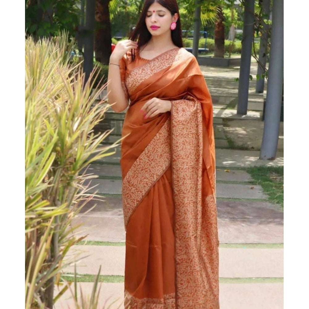 Women's Soft Lichi Silk Printed Saree With Unstitched Blouse 5.5mtr (brown) | Women Signature Collection