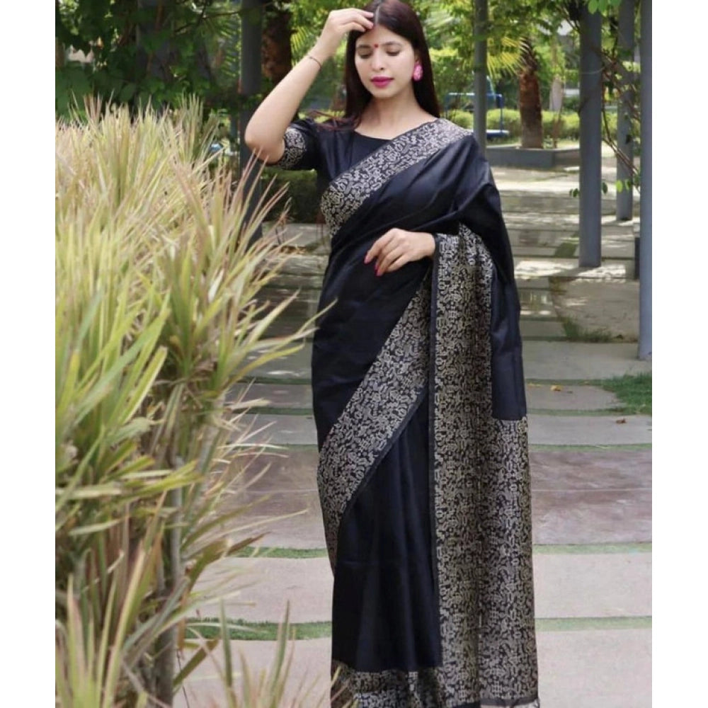 Women's Soft Lichi Silk Printed Saree With Unstitched Blouse 5.5mtr (black) | Women Signature Collection