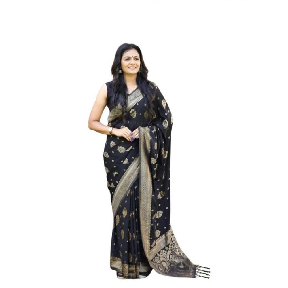 Women's Soft Lichi Silk Printed Saree With Unstitched Blouse 5.5mtr (black) | Women Signature Collection
