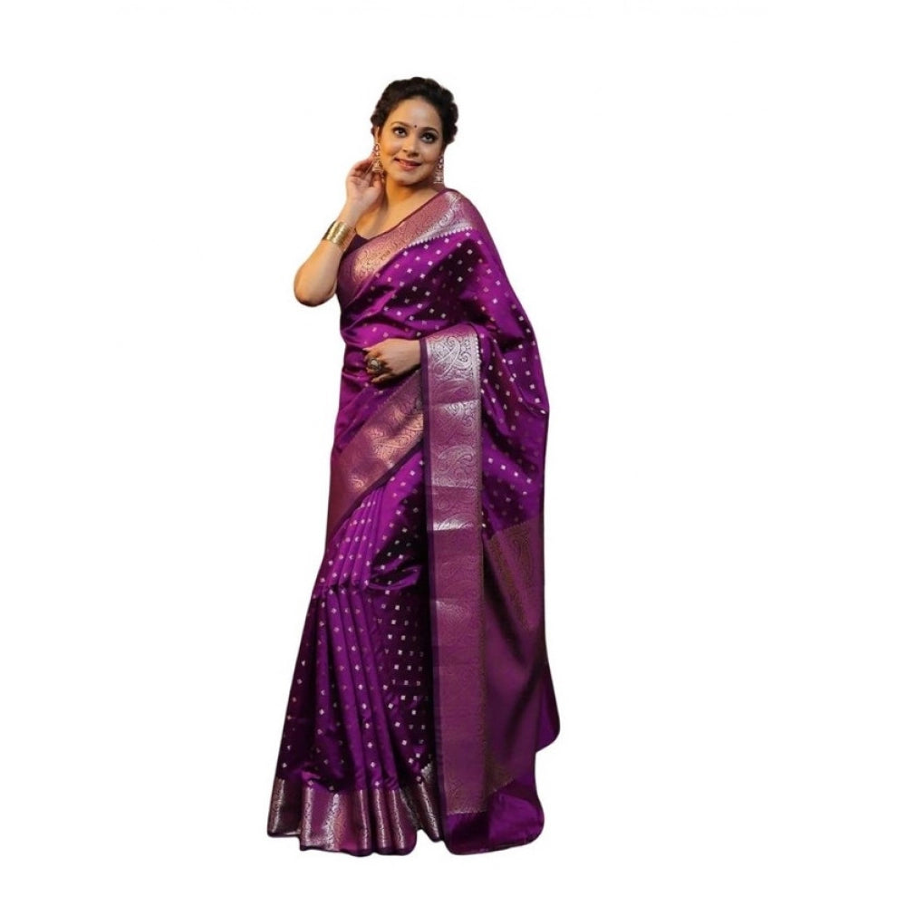 Women's Soft Lichi Silk Printed Saree With Unstitched Blouse 5.5mtr (purple) | Women Signature Collection