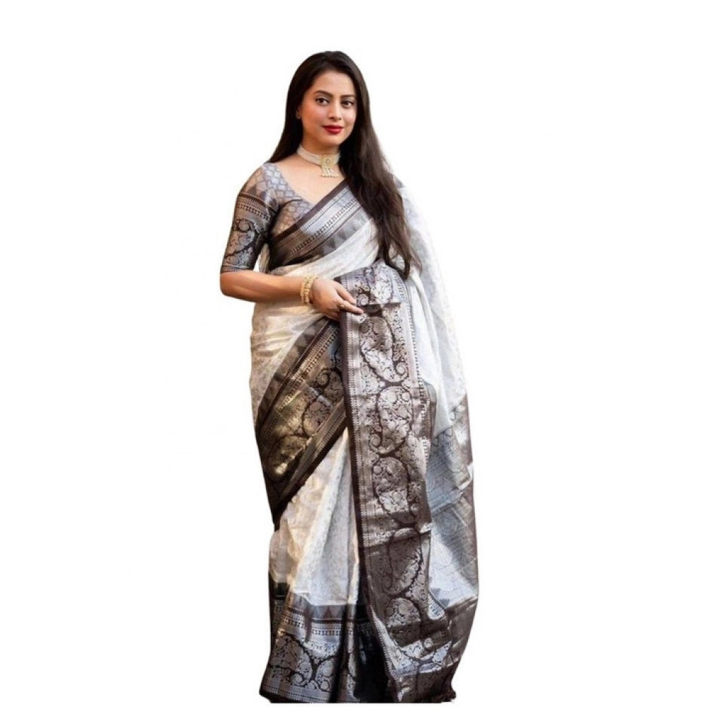 Women's Soft Lichi Silk Printed Saree With Unstitched Blouse 5.5mtr (off White) | Women Signature Collection