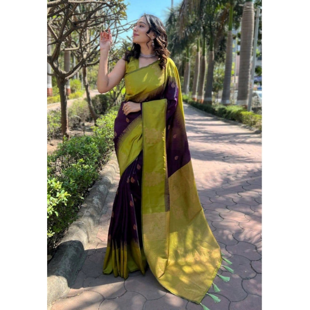 Women's Soft Lichi Silk Printed Saree With Unstitched Blouse 5.5mtr (purple) | Women Signature Collection