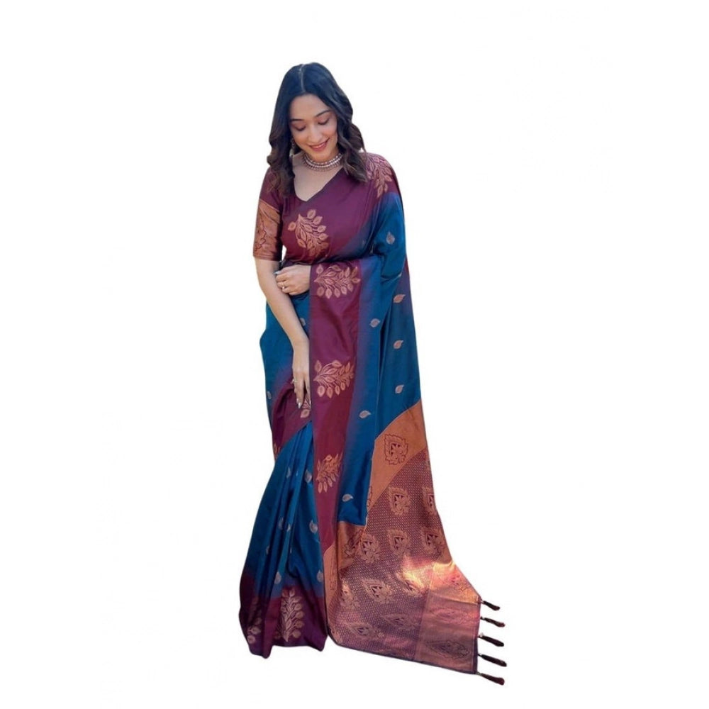 Women's Soft Lichi Silk Printed Saree With Unstitched Blouse 5.5mtr (blue) | Women Signature Collection