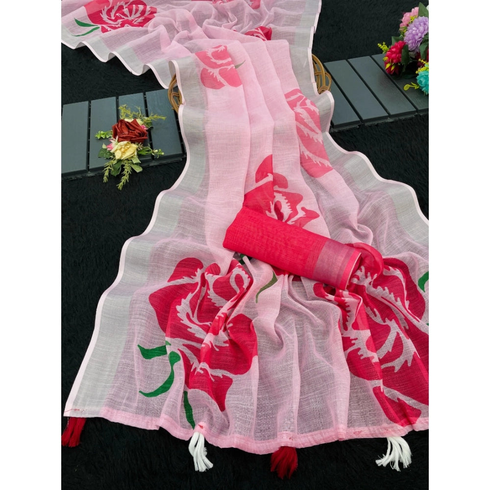 Women's Linen Cotton Printed Saree With Unstitched Blouse 5.5mtr (pink) | Women Signature Collection