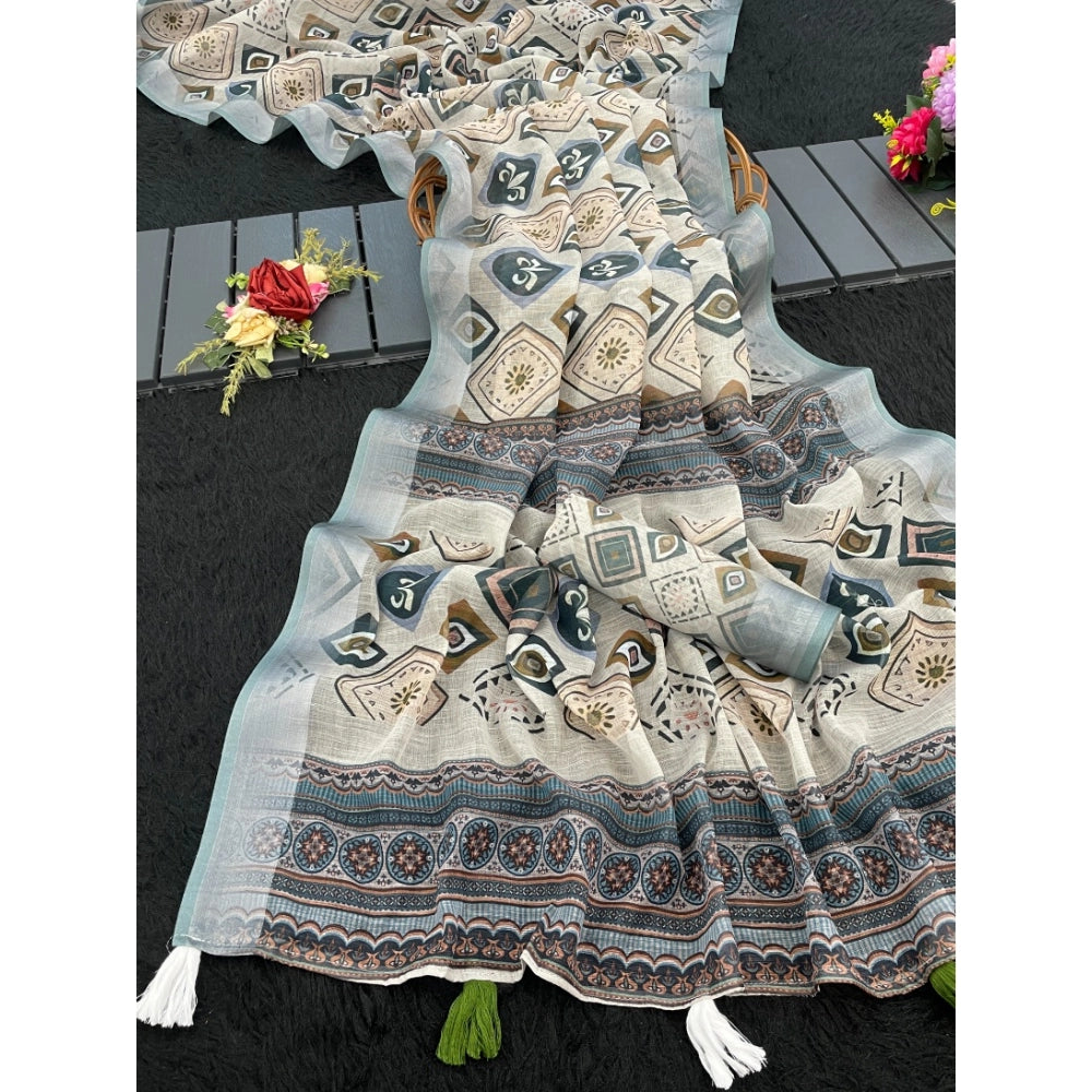 Women's Linen Cotton Printed Saree With Unstitched Blouse 5.5mtr (grey) | Women Signature Collection