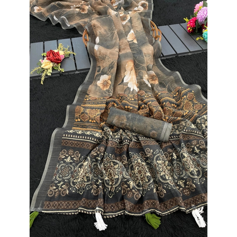Women's Linen Cotton Printed Saree With Unstitched Blouse 5.5mtr (beige) | Women Signature Collection