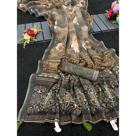 Women's Linen Cotton Printed Saree With Unstitched Blouse 5.5mtr (beige) | Women Signature Collection