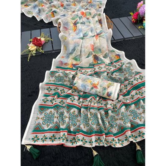 Women's Linen Cotton Printed Saree With Unstitched Blouse 5.5mtr (green) | Women Signature Collection