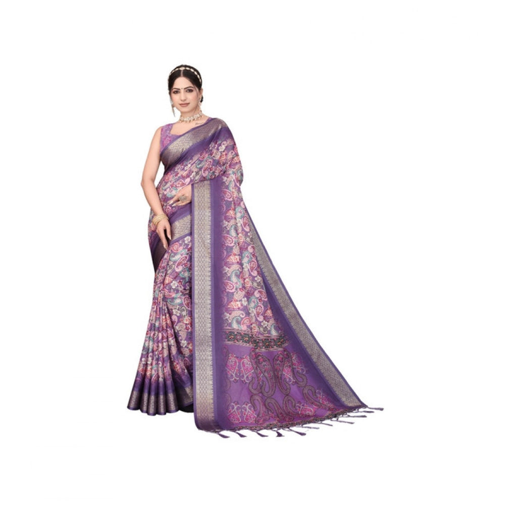 Women's Cotton Silk Printed Saree With Unstitched Blouse 5.5mtr (purple) | Women Signature Collection