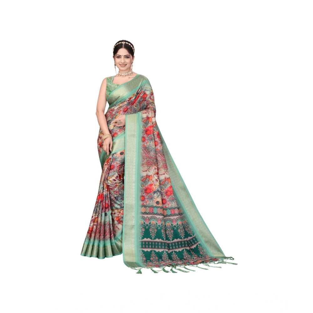 Women's Cotton Silk Printed Saree With Unstitched Blouse 5.5mtr (light Green) | Women Signature Collection