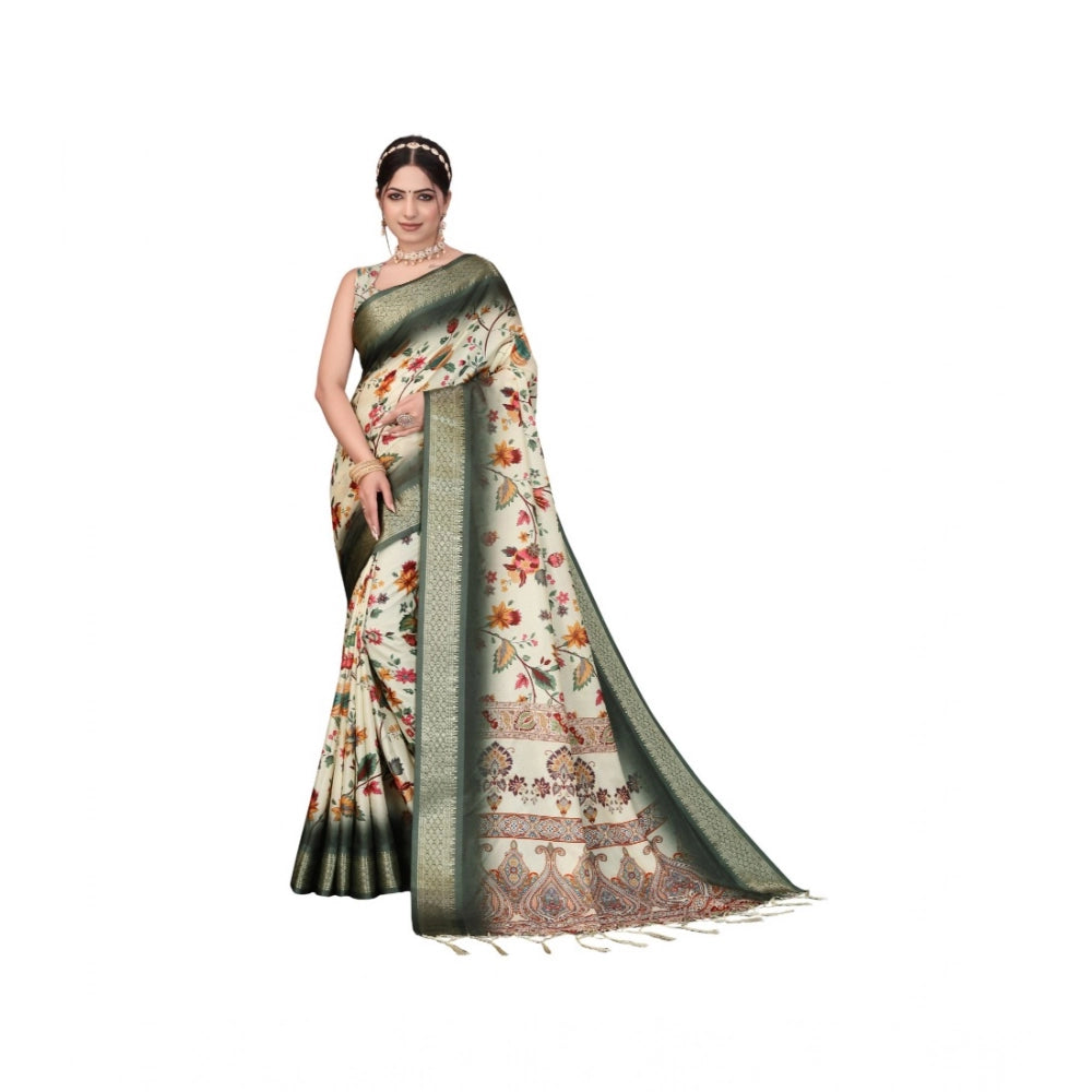 Women's Cotton Silk Printed Saree With Unstitched Blouse 5.5mtr (green) | Women Signature Collection