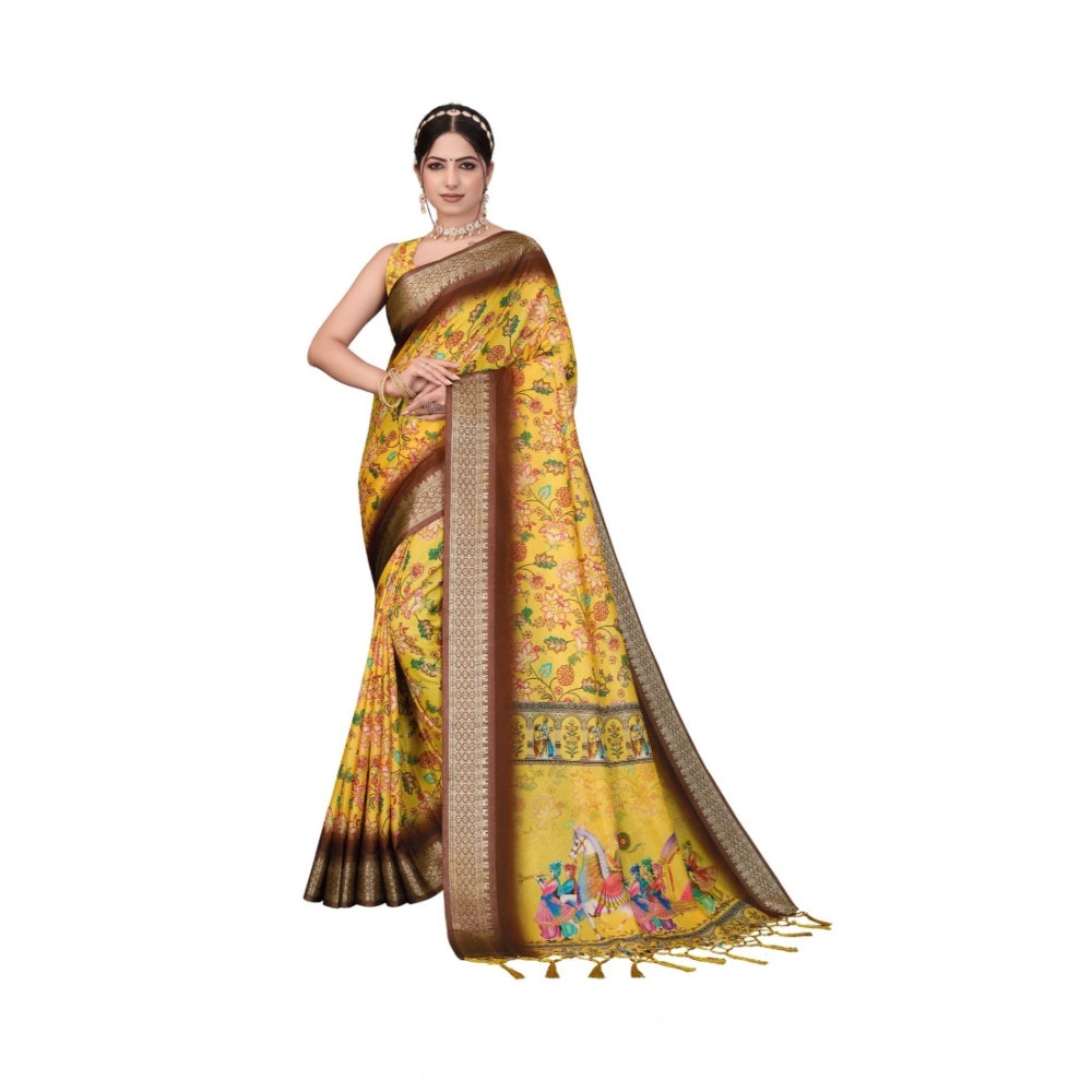 Women's Cotton Silk Printed Saree With Unstitched Blouse 5.5mtr (yellow) | Women Signature Collection