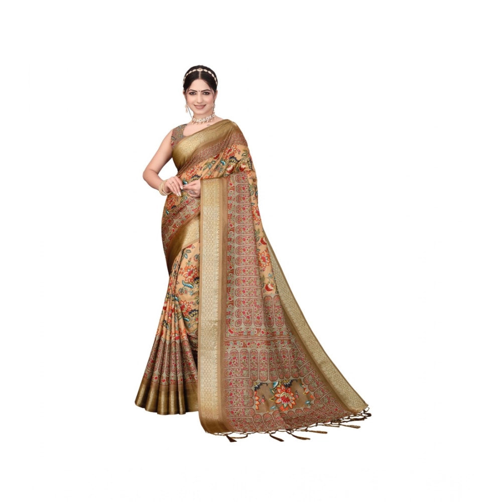 Women's Cotton Silk Printed Saree With Unstitched Blouse 5.5mtr (peach) | Women Signature Collection