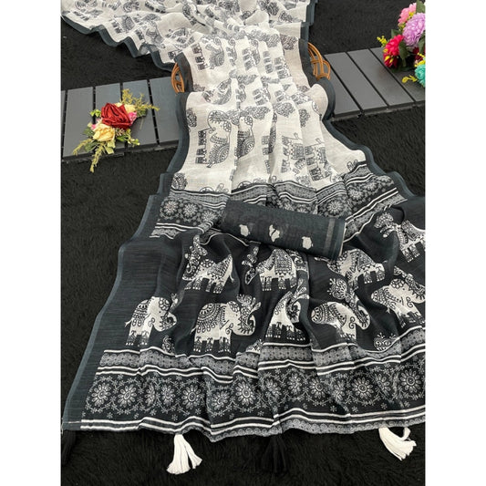 Women's Linen Cotton Printed Saree With Unstitched Blouse 5.5mtr (black) | Women Signature Collection