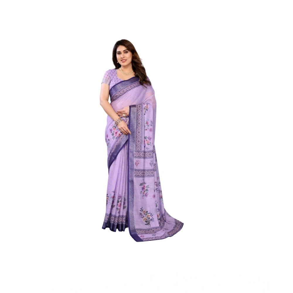 Women's Linen Cotton Printed Saree With Unstitched Blouse 5.5mtr (purple) | Women Signature Collection