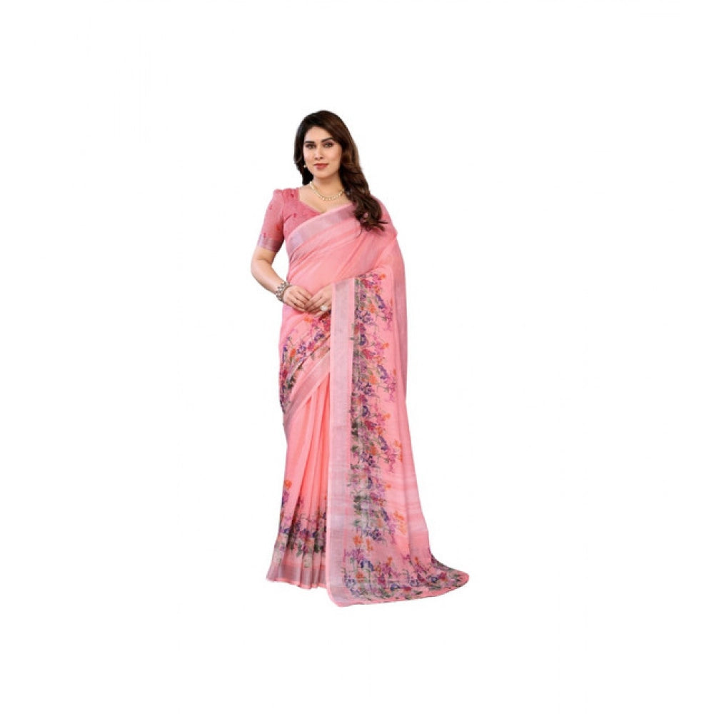 Women's Linen Cotton Printed Saree With Unstitched Blouse 5.5mtr (peach) | Women Signature Collection